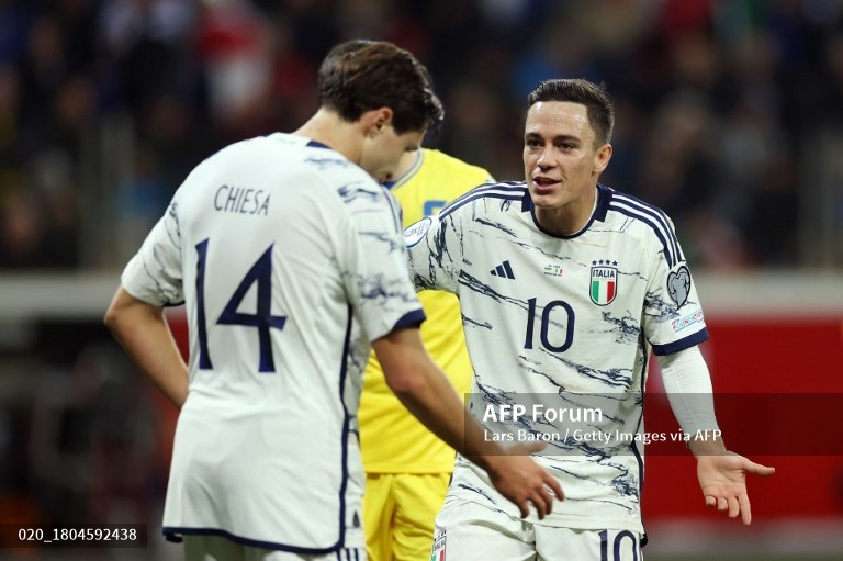 Giacomo Raspadori (kanan) dan Federico Chiesa (nomor 14) usai timnya lolos setelah menahan imbang 0-0 Ukraina-Foto AFP