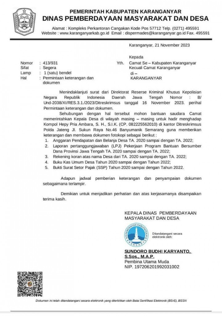 Viral, Surat Instruksi untuk Para Kades di Karanganyar Menghadap ke Ditreskrimsus Polda Jateng