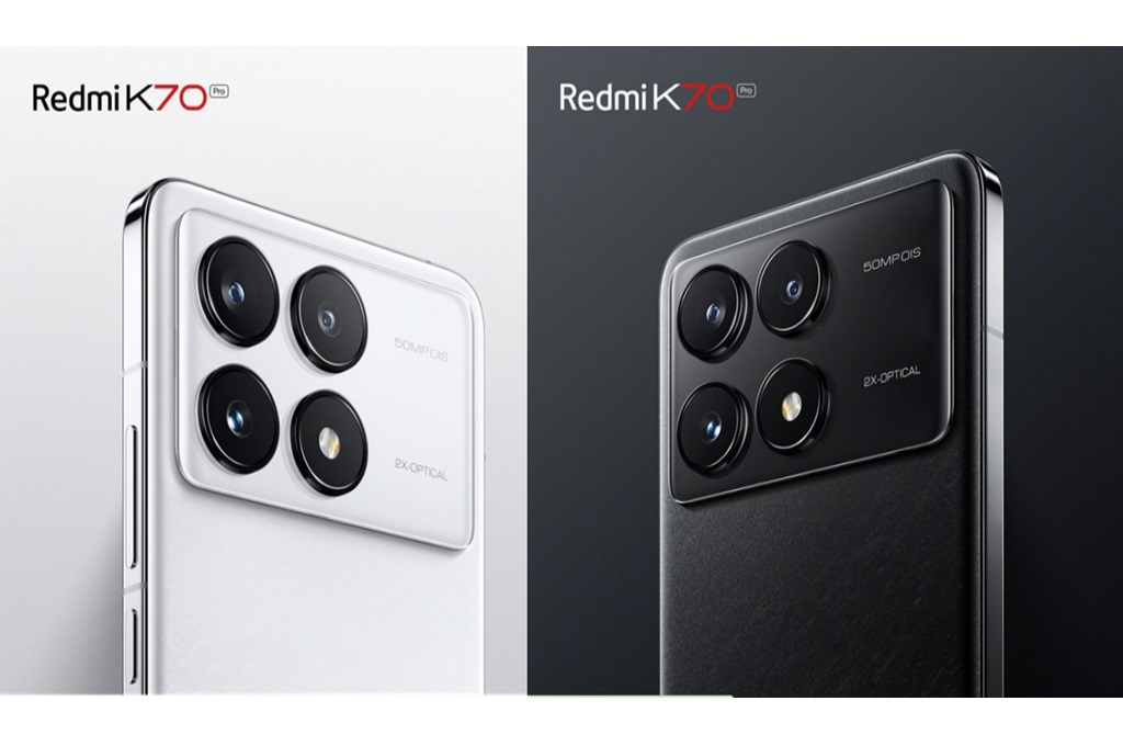 Redmi mengungkap desain smartphone terbarunya, K70 Pro, dalam dua warna, hitam dan putih.