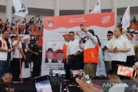 Calon Presiden Anies Baswedan di GOR Laga Satria area Stadion Pakansari, Cibinong, Kabupaten Bogor, Jawa Barat, Selasa (28/11/2023). (ANTARA/M Fikri Setiawan)