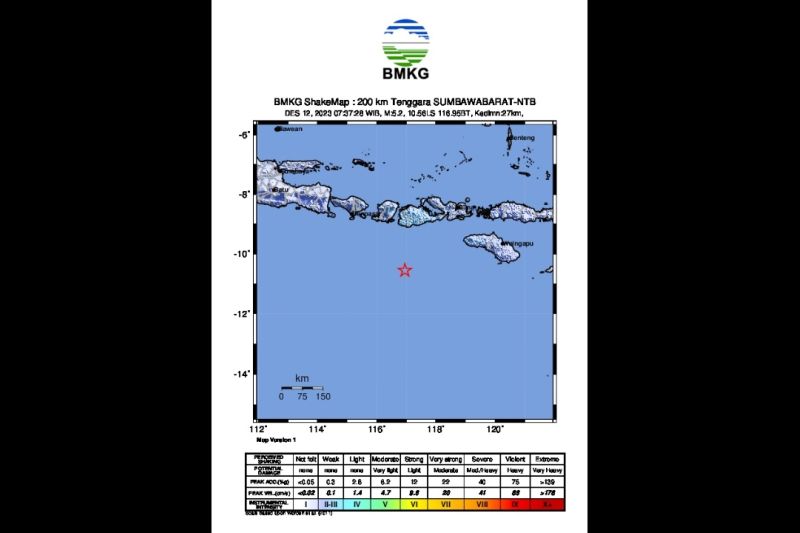 Peta pusat gempa dengan kekuatan magnitudo 5,2 di tenggara Sumbawa Barat, Nusa Tenggara Barat, Selasa (12/12/2023). (ANTARA/HO-BMKG)