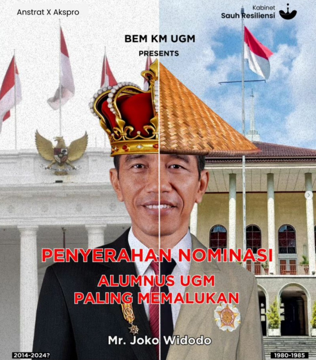 BEM KM UGM menyerahkan nominasi alumnus paling memalukan bergambar Presiden Jokowi. Foto: IG BEM KM UGM 2023