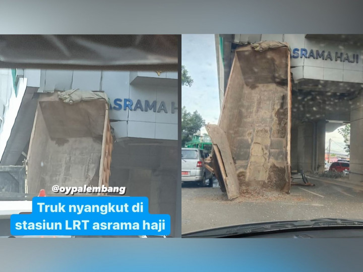 Bak Truk Hantam Stasiun LRT Palembang hingga Tersangkut Akibat Hidrolik Rusak