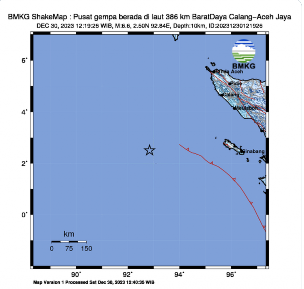 Titik gempa bumi di Aceh Jaya, Sabtu 30 Desember 2023. Foto: Akun X BMKG