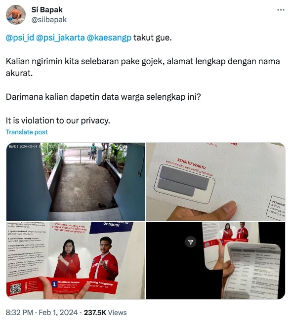 Seorang warganet dapat kiriman selebaran PSI. Foto: tangkapan layar