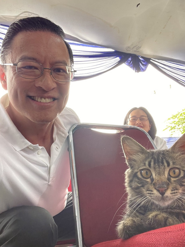 Momen Tom Lembong Diikuti Kucing Saat Jalan Kaki ke TPS sampai Diajak Selfie