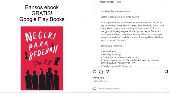 Tere Liye Sebar Bansos E-book 'Negeri Para Bedebah': 100% Tidak Pakai Uang Negara