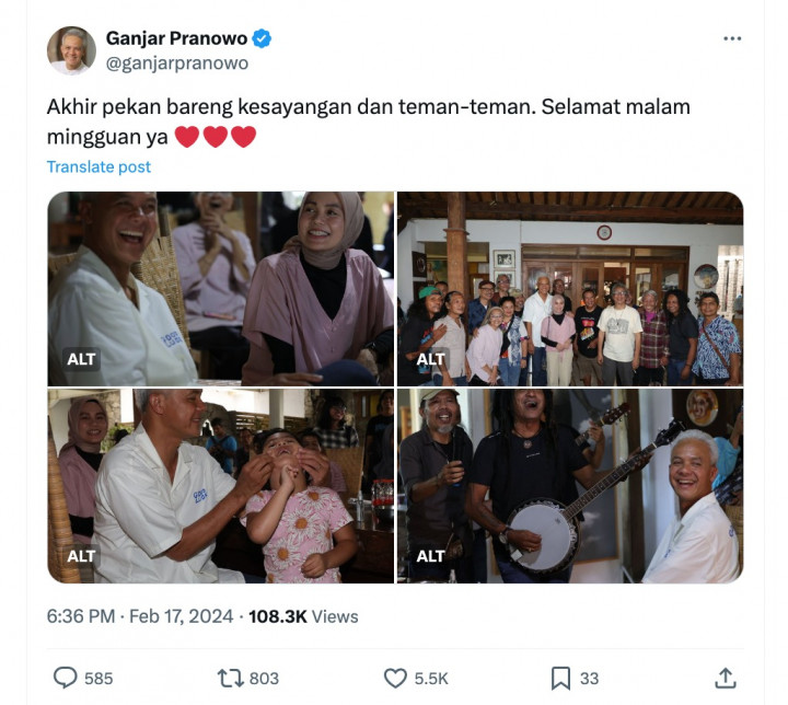 Usai Kalah versi QC, Ganjar Pamer Foto Full Senyum Bareng Butet Cs