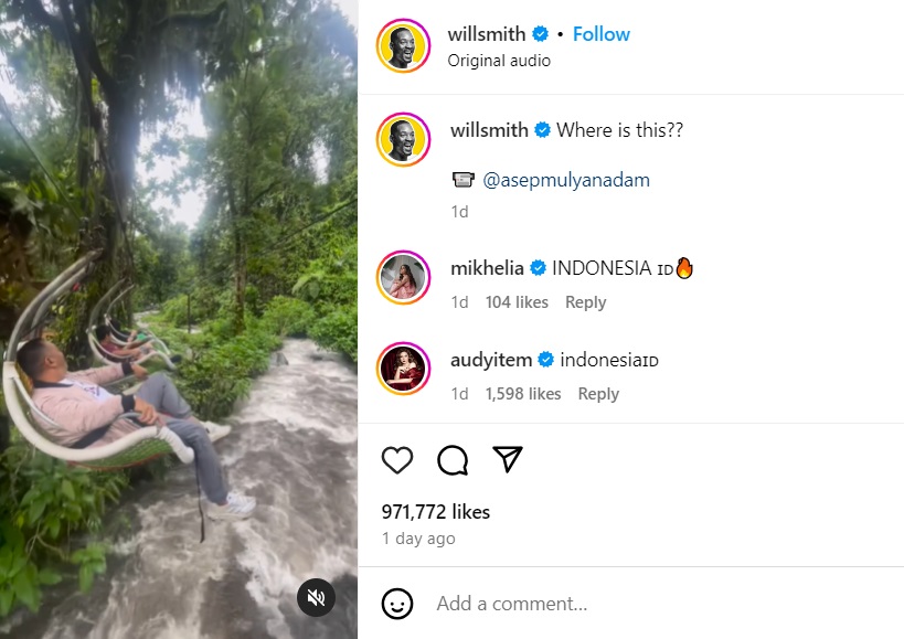 Will Smith menanyakan lokasi wahana Keranjang Sultan dengan memosting ulang akun Instagram @asepmulyanadam. Dok. Instagram