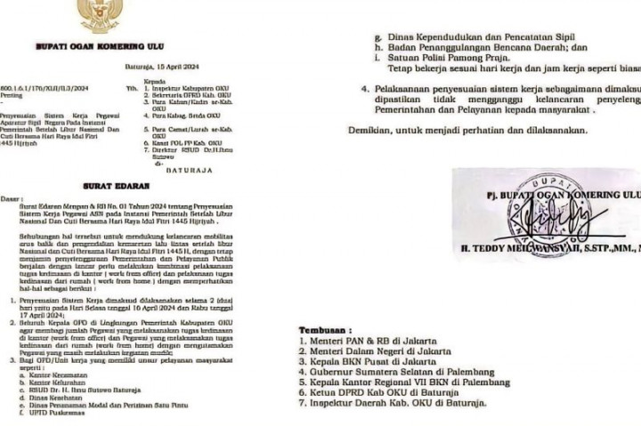 Pemkab OKU Terapkan Kebijakan WFH 2 Hari Pertama Pascalibur Lebaran