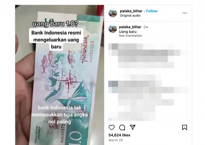 [Cek Fakta] Viral Uang Baru Pecahan 1.0 dan Resmi Dikeluarkan BI? Ini Faktanya