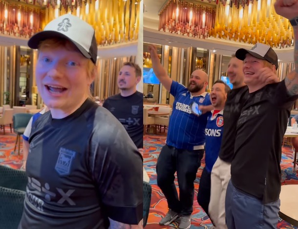 Ekpresi girang Ed Sheeran usai Ipswich Town promosi ke Premier League (tangkapan layar)