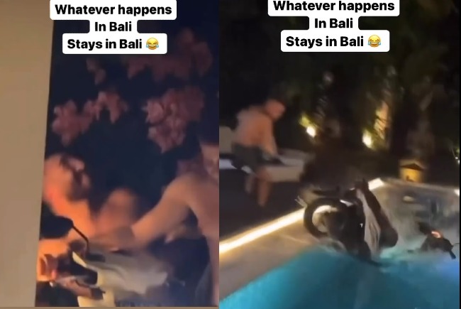 Viral aksi bule geber-geber motor matic sampai nyemplung kolam renang (tangkapan layar)