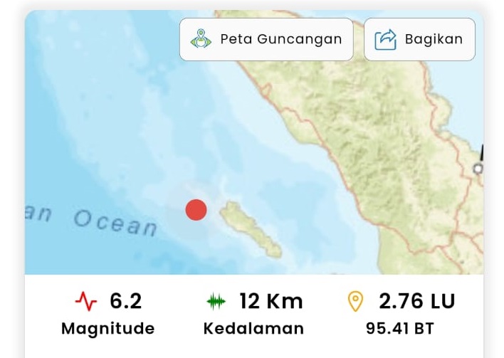 Gempa Magnitudo 6,2 Guncang Sinabang Aceh, Getaran Terasa hingga ke 6 Wilayah