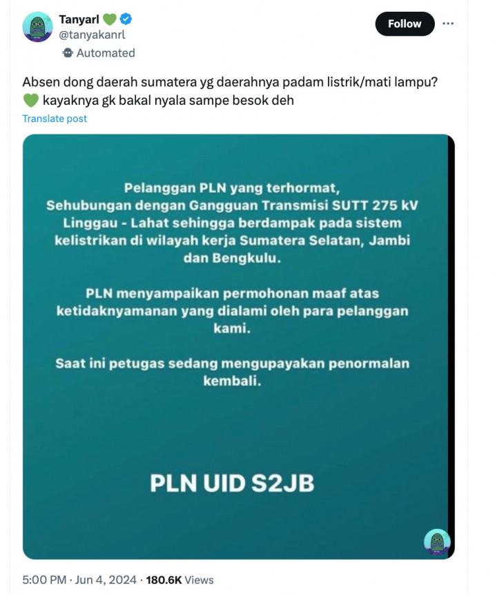 Netizen Dihebohkan dengan Listrik Padam di Sumatra, PLN Ungkap Aturan Kompensasi