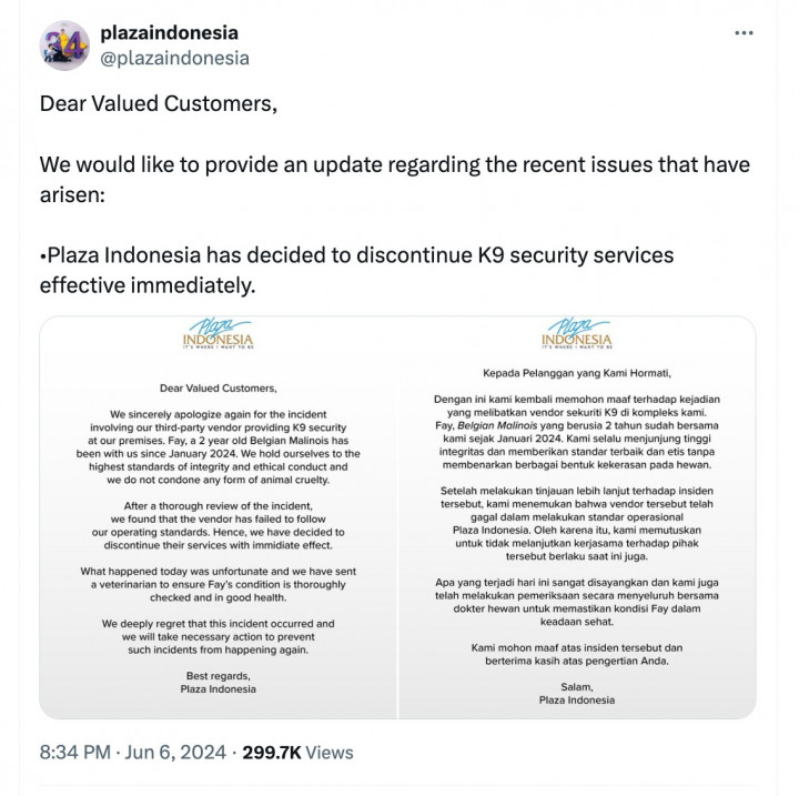 Plaza Indonesia Diminta Evaluasi Pemecatan Sekuriti K9