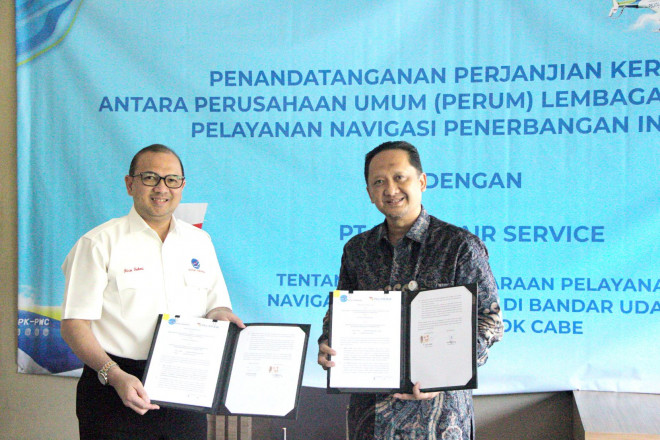 Penandatanganan Perjanjian Kerja Sama pelayanan navigasi penerbangan di Bandara Khusus Pondok Cabe. Dokumentasi/ istimewa