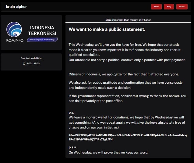 Peretas PDNS 2 Janji Berikan Kunci Pemulihan Data Secara Gratis Rabu Ini