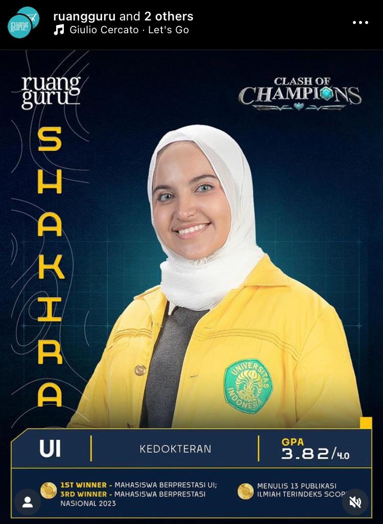 Mahasiswa FK UI Shakira Amirah peserta Clash of Champions (COC). DOK IG Ruangguru