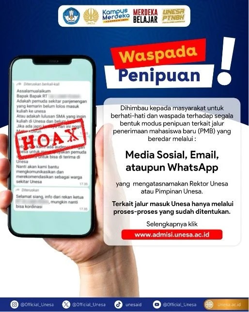 Hati-Hati Penipuan, Rektor Tegaskan Tak ada Kemudahan Masuk Unesa