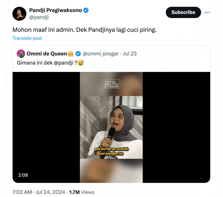 Pandji Pragiwaksono Kena Sindiran Komika Mega Salsabillah soal Kritik Dinasti Politik