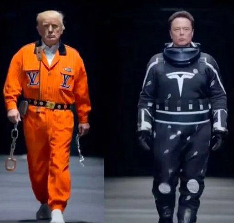 Donald Trump dan Elon Musk dalam peragaan busana berbasis AI di platform 