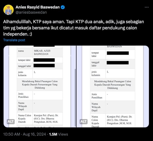 Waduh, KTP 2 Anak Anies Turut Dicatut Dukung Dharma-Kun di Pilgub DKI