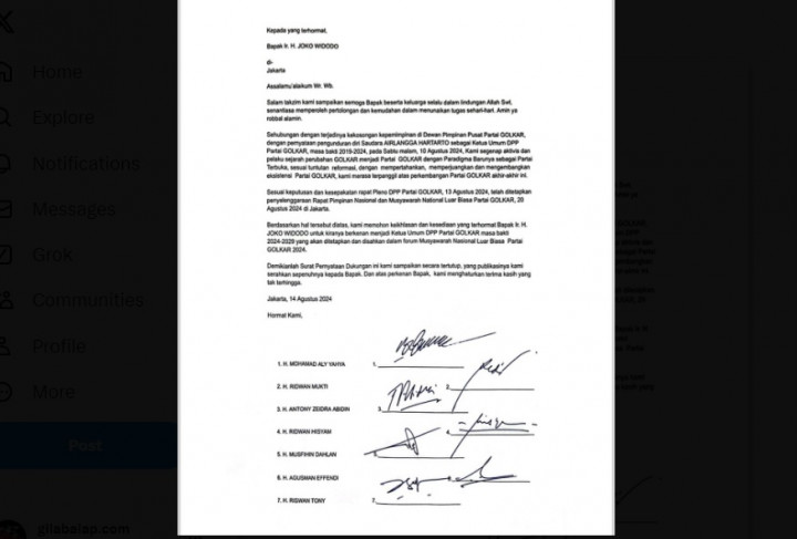 Simak Isi Lengkap Surat Permintaan Agar Jokowi Jadi Ketum Golkar