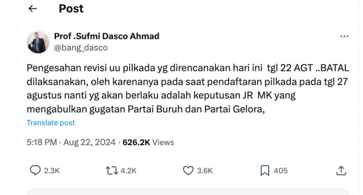 Wakil Ketua DPR Sufmi Dasco Ahmad: Pendaftaran Pilkada 2024 Gunakan Putusan MK