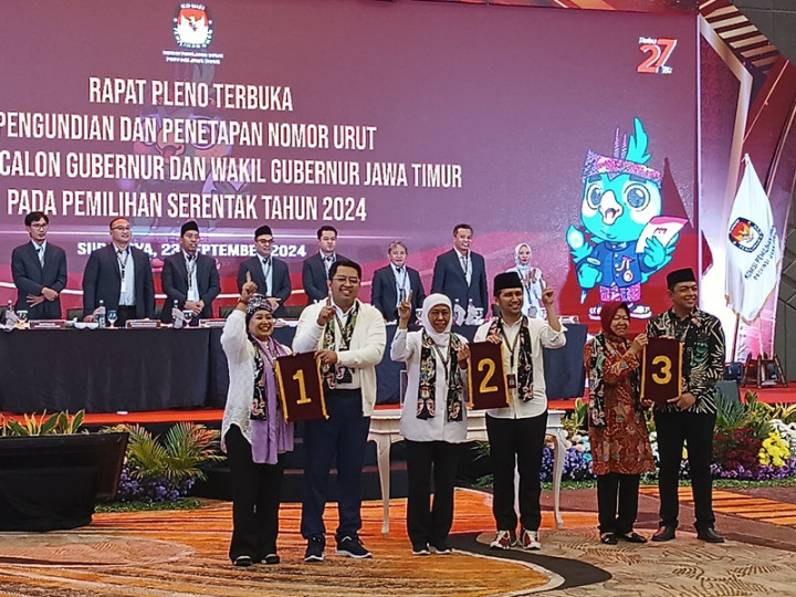Hasil Undian Nomor Urut Pilgub Jatim; Luluk-Lukman 1, Khofifah-Emil 2, Risma-Gus Hans 3