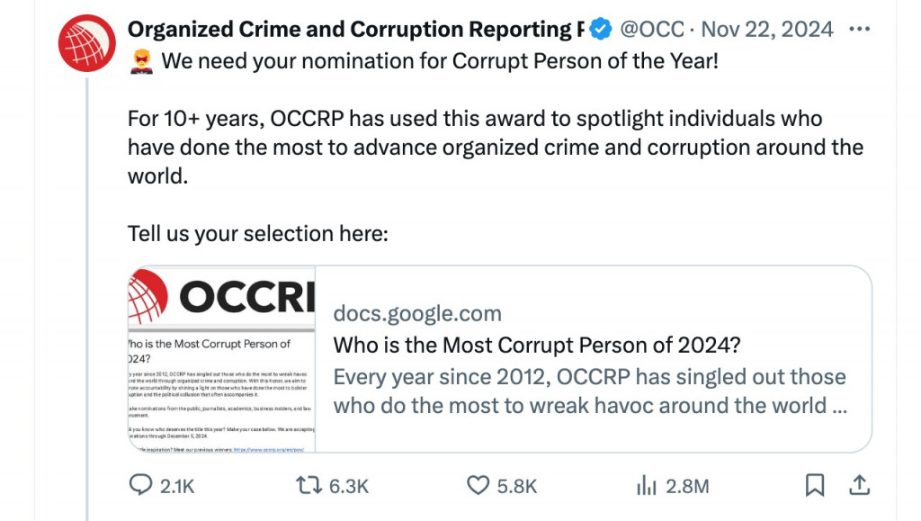 Tangkapan layar unggahan OCCRP dalam menyebarkan Google Form untuk memberikan cap terhadap pemimpin di dunia. Platform X