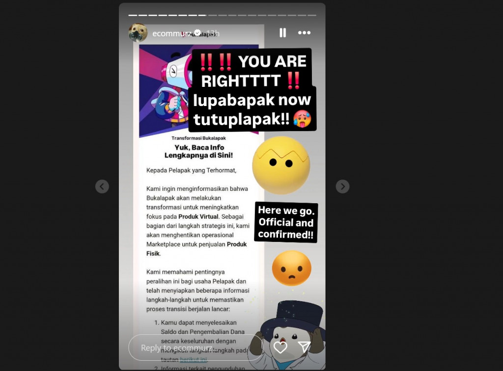 Unggahan Instagram Stories akun Instagram @ecommurz mengenai Bukalapak.
