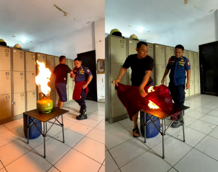 Unik! Sambil Joget Petugas Damkar Bagikan Cara Aman Padamkan Tabung Gas Terbakar