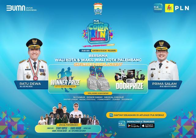 Palembang gelar PLN Mobile Color Run 2025 di kawasan ikonik Benteng Kuto Besak. (Foto: Dok. Istimewa)