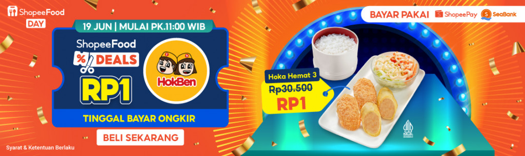 ShopeeFood bekerja sama dengan HokBen menghadirkan promo spesial untuk menu pilihan HokBen hanya dengan RP1 pada 19 Juni 2025 melalui ShopeeFood Deals (Foto:Dok)