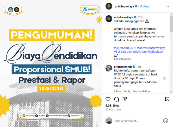 Cek UKT dan IPI Universitas Brawijaya 2025 serta Cara Bayarnya di Sini!