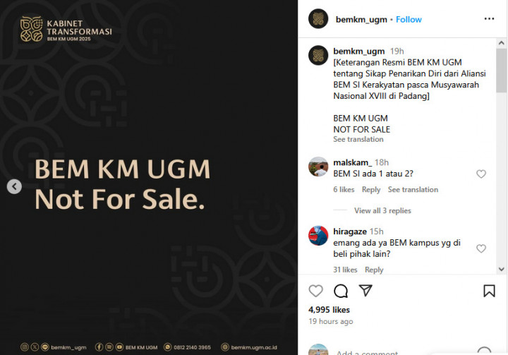 <i>Not For Sale!</i> Ini 9 Poin Alasan BEM KM UGM Menarik Diri dari BEM SI