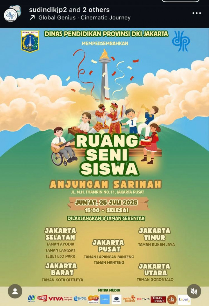 Rayakan Hari Anak Nasional, Disdik DKI Jakarta Hadirkan 'Ruang Seni Siswa' Serentak di 8 Taman Kota