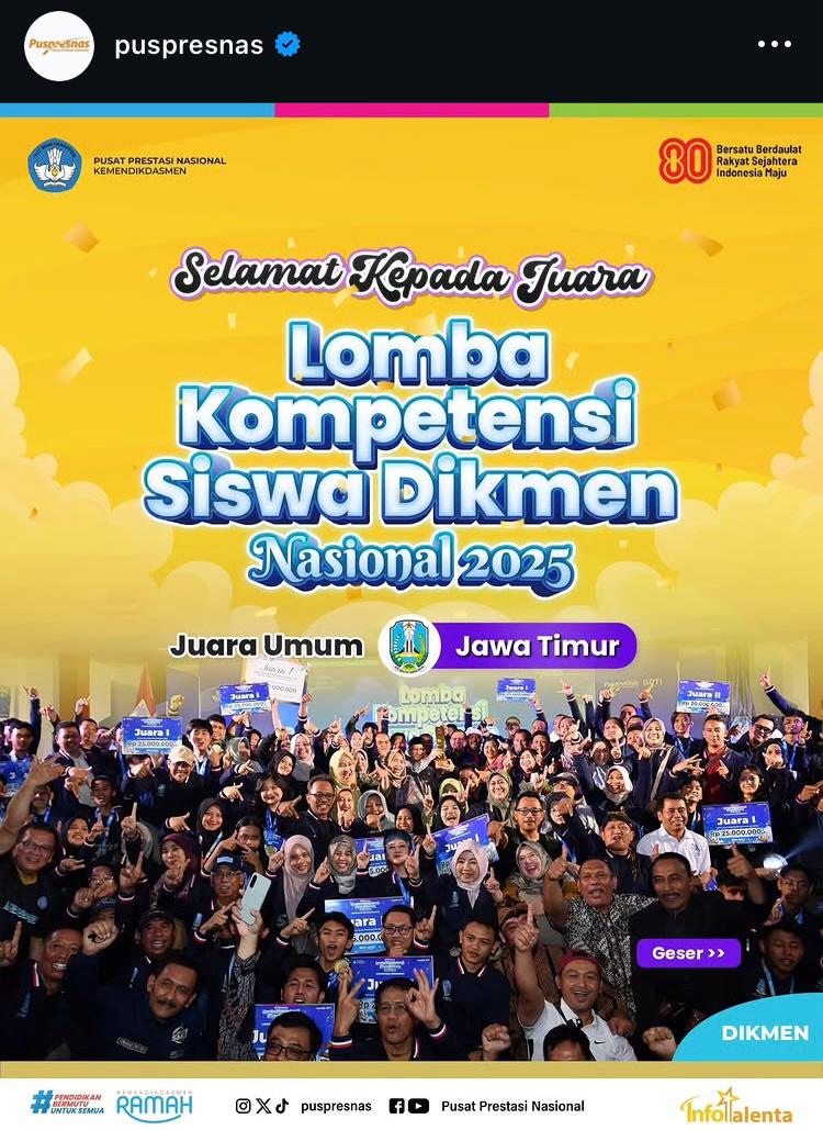 Tim Jawa Timur juara umum LKS Dikmen 2025. DOK IG @puspresnas