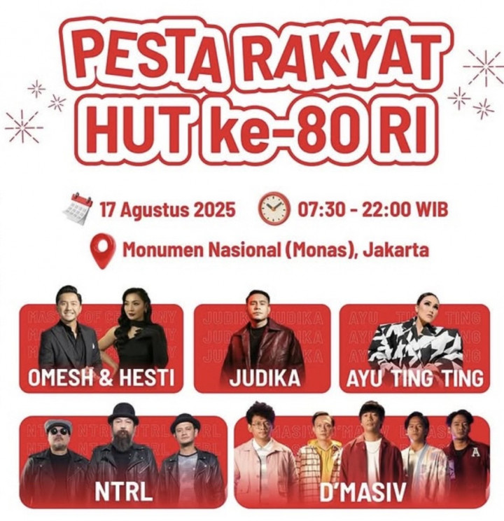 Jadwal Pesta Rakyat HUT RI ke-80 Malam Ini, Tampilkan Ayu Ting Ting hingga NTRL