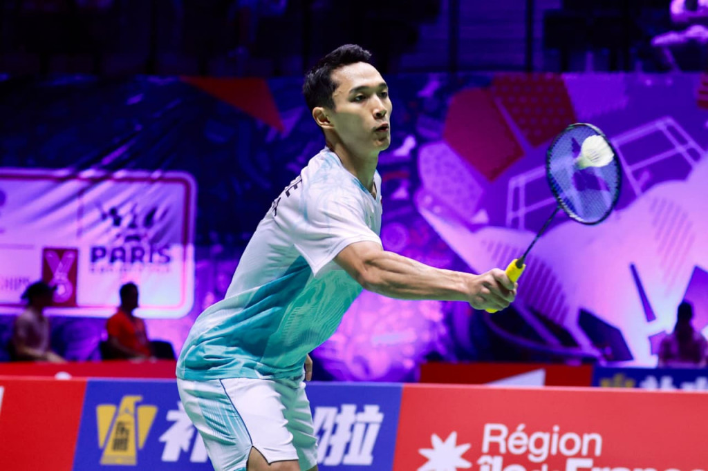 Jonatan Christie beraksi di Kejuaraan Dunia Bulu Tangkis 2025 (dok. PBSI)