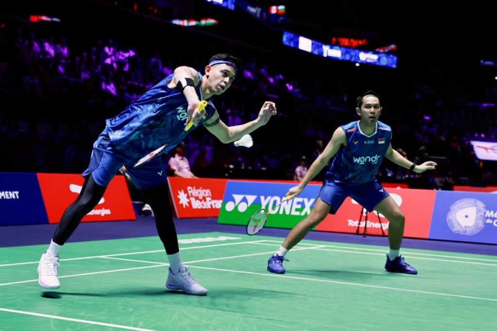 Fajar Alfian/Muhammad Rian Ardianto beraksi di Kejuaraan Dunia Bulu Tangkis 2025 (dok. PBSI)