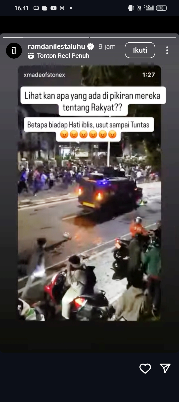 Unggahan stroy IG legenda Persija Jakarta Ramdani Lestaluhu-Istimewa