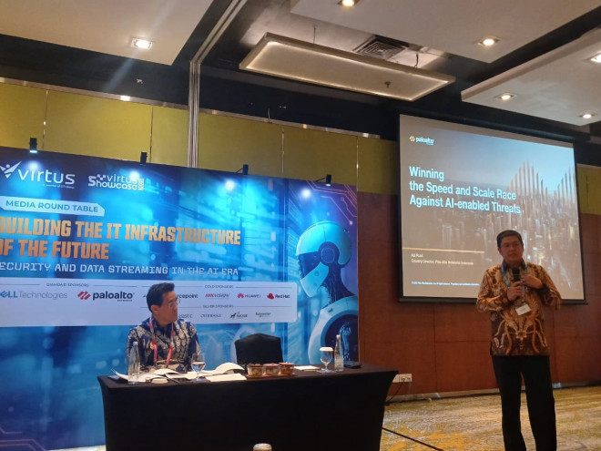 Country Manager Palo Alto Networks Indonesia, Adi Rusli  dalam diskusi Virtus Showcase 2025 (Foto: Medcom)