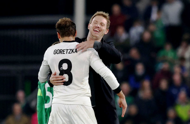 Luapan kegembiraan pelatih Jerman Julian Nagelsmann usai timnya menang tipis atas Irlandia Utara-Foto AFP/Paul Faith