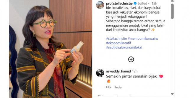 Wamendiktisaintek, Stella Christie saat menunjukkan serum anti-aging Biona karya inovasi USK. Foto: IG @prof.stellachriste