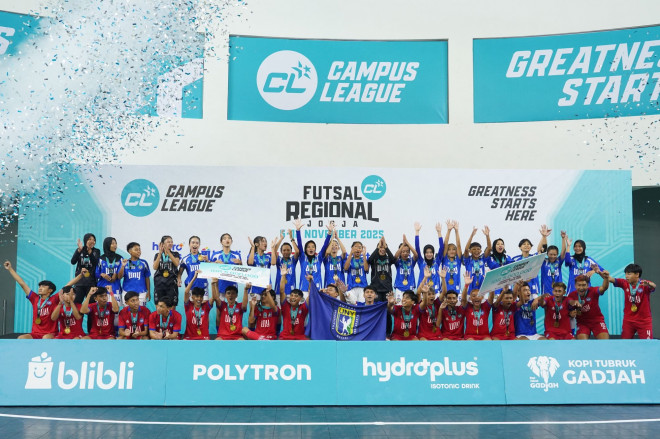 Selebrasi juara tim putra dan putri UNY di ajang Futsal Campus League Regional Yogyakarta. (Foto: Istimewa)