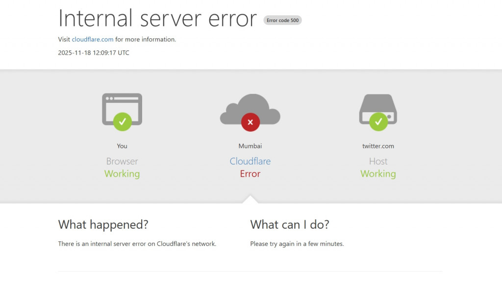 Notifikasi saat sebuah situs web tidak bisa diakses akibat masalah di layanan Cloudflare.