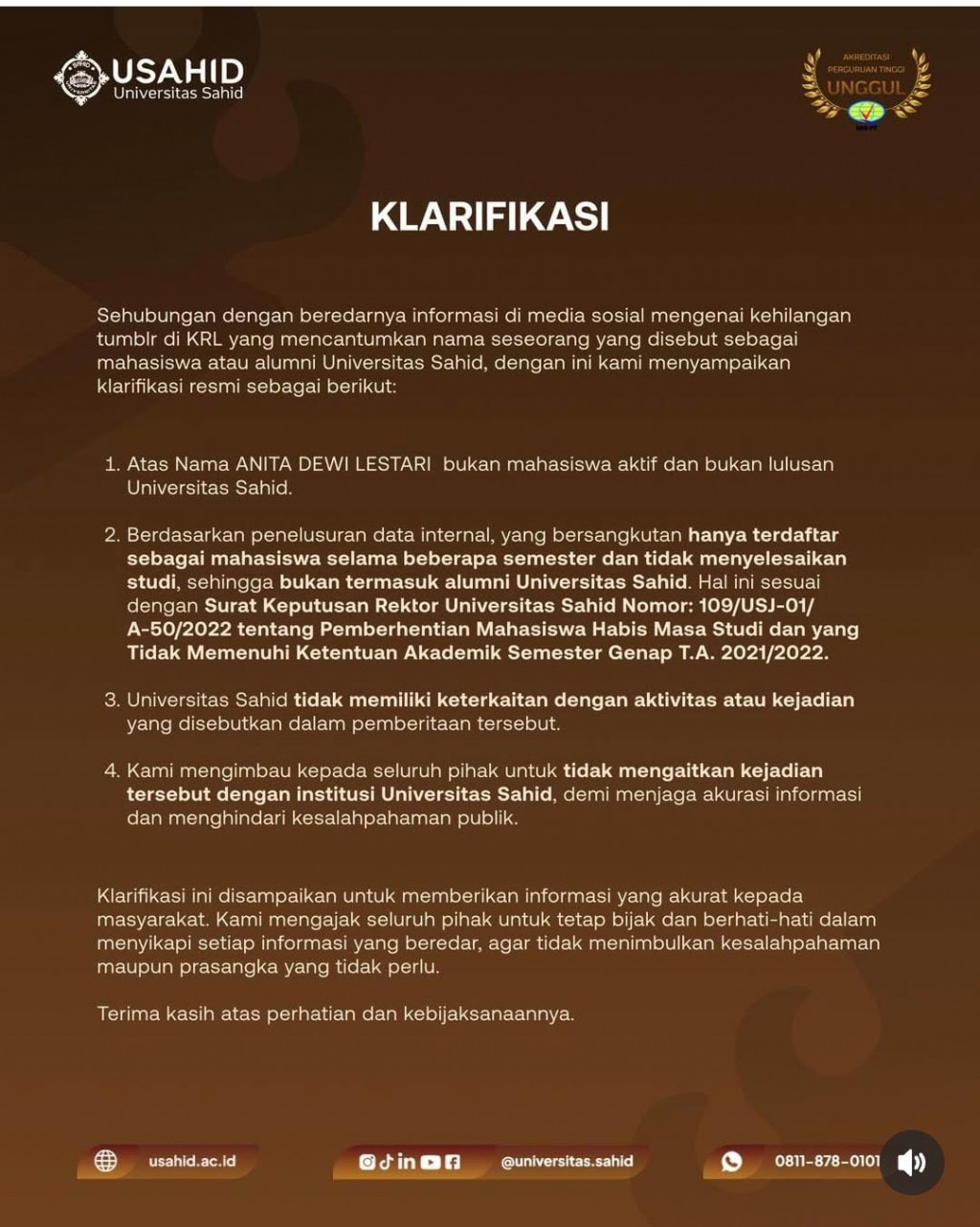 Klarifikasi Usahid. Foto: IG Usahid