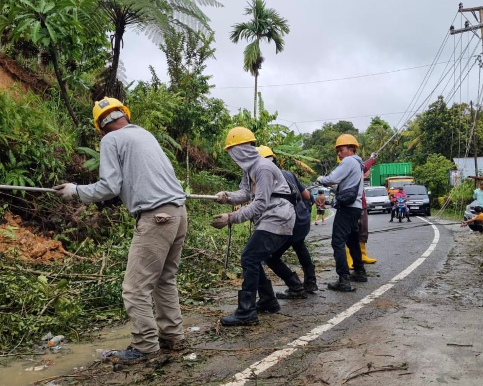 Petugas PLN bahu membahu untuk memulihkan jaringan listrik yang roboh akibat tanah longsor di Kecamatan Lembah Gumanti Kabupaten Solok, Sumatra Barat.